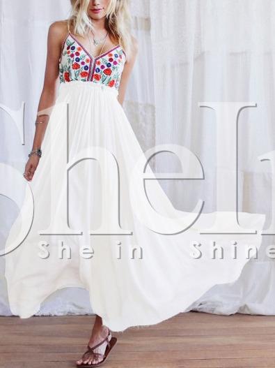 Shein Beige Spaghetti Strap Floral Embroidered Maxi Dress
