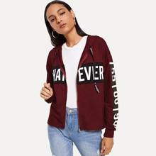 Shein Lettering Zip Up Drawstring Hoodie Coat