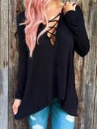 Shein Black Drawstring Lace Up Neck T-shirt