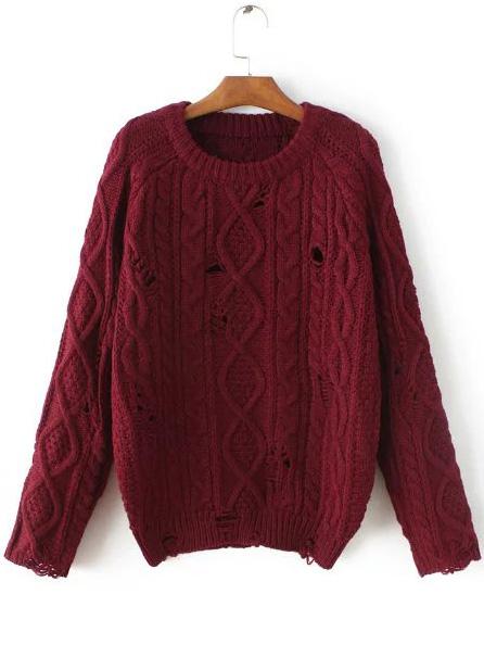 Shein Red Cable Knit Ripped Raglan Sleeve Sweater