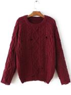 Shein Red Cable Knit Ripped Raglan Sleeve Sweater