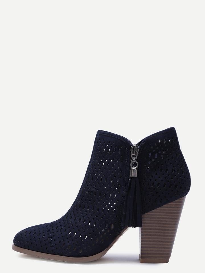 Shein Navy Faux Suede Laser Cut Wood Heel Boots
