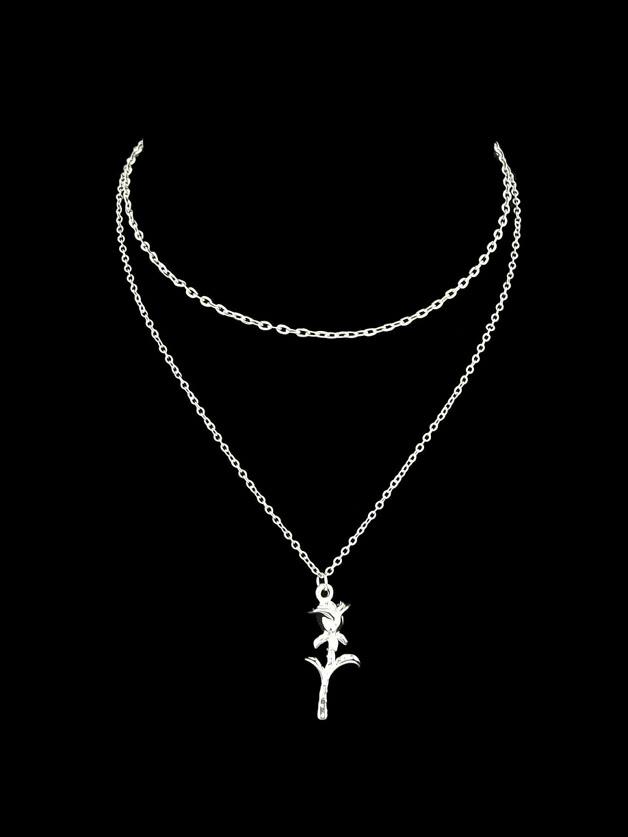 Shein Silver Multi Layers Chain With Rose Flower Charm Pendant Necklace