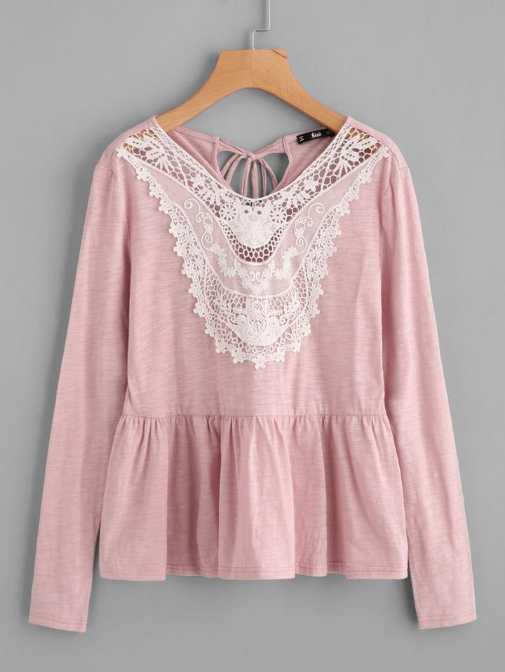Shein Lace Applique Tied Keyhole Back Smock Tee