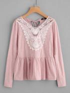 Shein Lace Applique Tied Keyhole Back Smock Tee