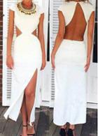 Rosewe Cutout Waist Side Slit White Maxi Dress