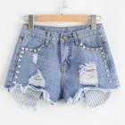 Shein Frayed Hem Ripped Rivet Denim Shorts