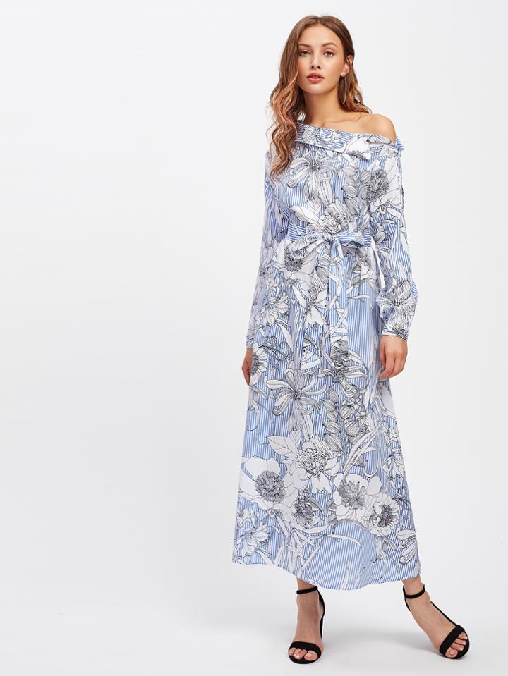 Shein Collared Asymmetric Shoulder Self Tie Floral And Stripe Dress