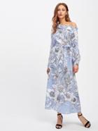 Shein Collared Asymmetric Shoulder Self Tie Floral And Stripe Dress