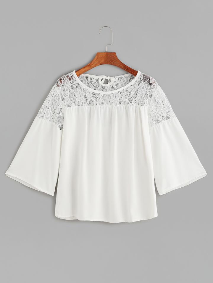 Shein White Contrast Lace Tie Back Blouse