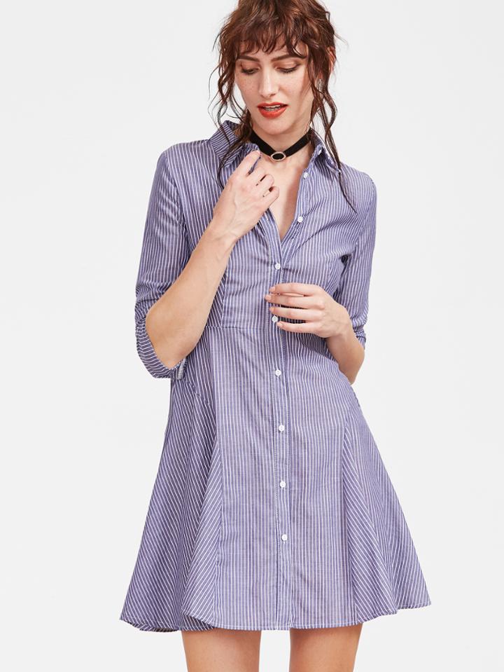 Shein Blue Vertical Striped Shirt Dress