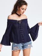 Shein Navy Off The Shoulder Bell Sleeve Lace Up Top
