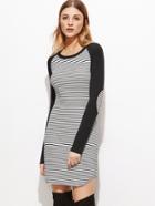 Shein Black And White Striped Elbow Patch Contrast Sleeve Dress