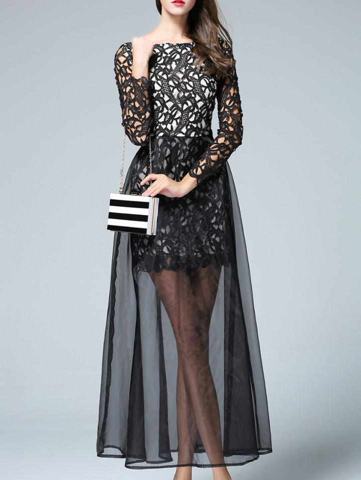 Shein Black Crochet Hollow Out Sheer Gauze Maxi Dress