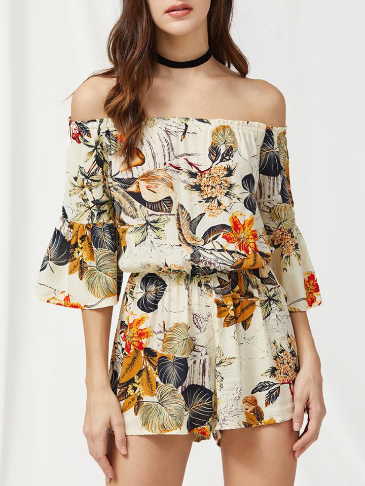 Shein Bardot Floral Print Bell Sleeve Romper