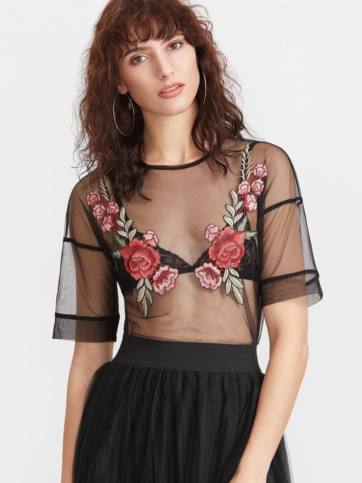 Shein Black Embroidered Rose Applique Sheer Mesh Top
