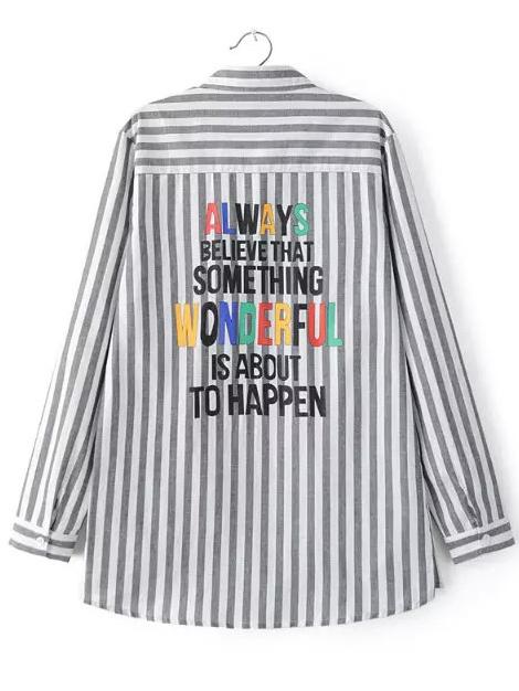 Shein Grey White Vertical Stripe Letters Print Blouse