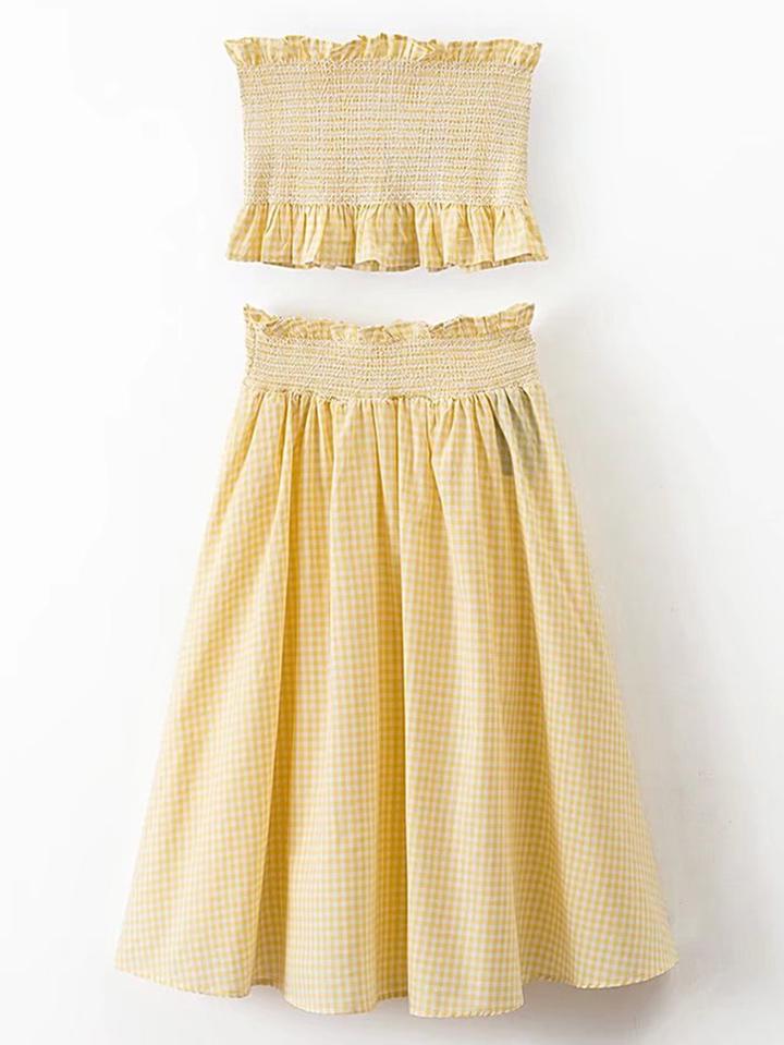 Shein Plaid Frill Trim Shirred Crop Top With Skirt