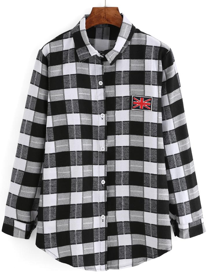 Shein Black White Check Print Union Jack Pattern Blouse