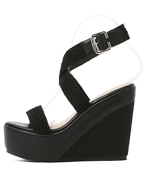 Shein Black Braid Buckle Strap Wedges Sandals