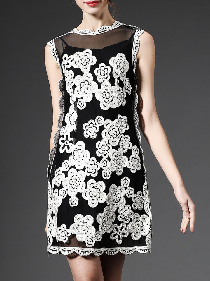 Shein Black Sheer Disc Flowers Shift Dress