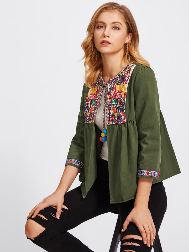 Shein Pom Pom Tie Neck Embroidered Yoke And Cuff Jacket