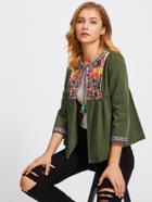 Shein Pom Pom Tie Neck Embroidered Yoke And Cuff Jacket