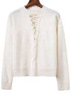 Shein White Criss Cross Ribbed Trim Drop Shoulder Sweater