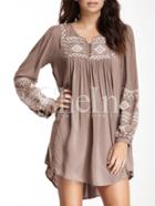 Shein Khaki Long Sleeve Scoop Neck Vintage Embroidery Dress