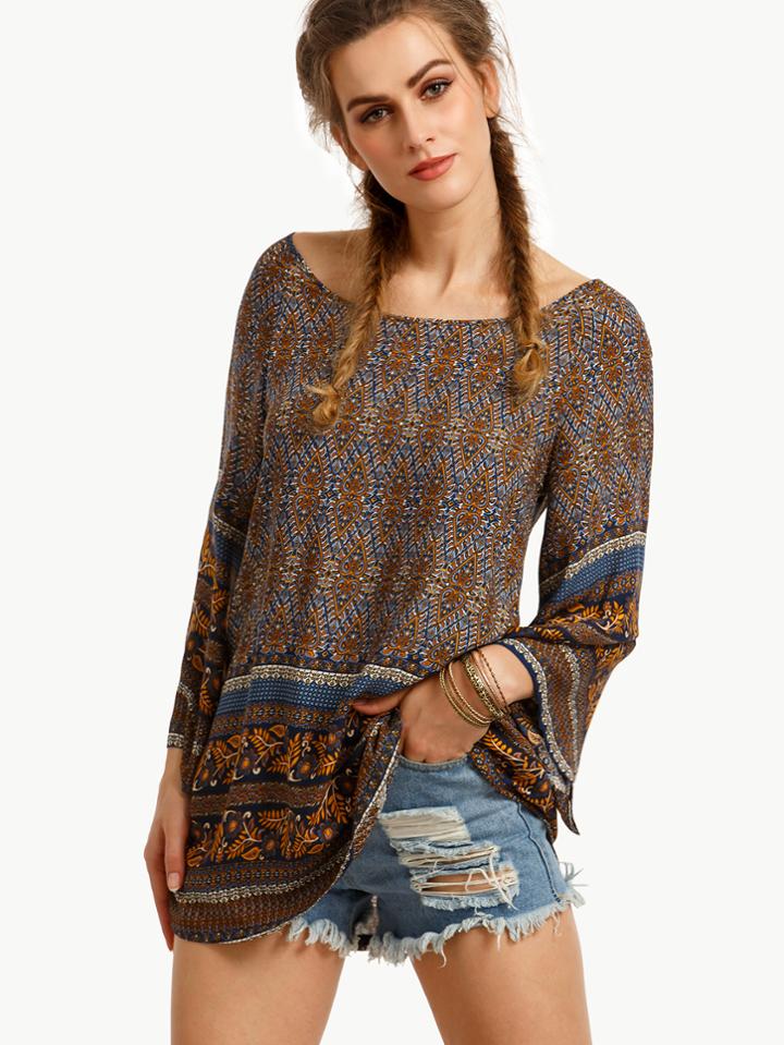 Shein Tribal Print Bell Sleeve Blouse