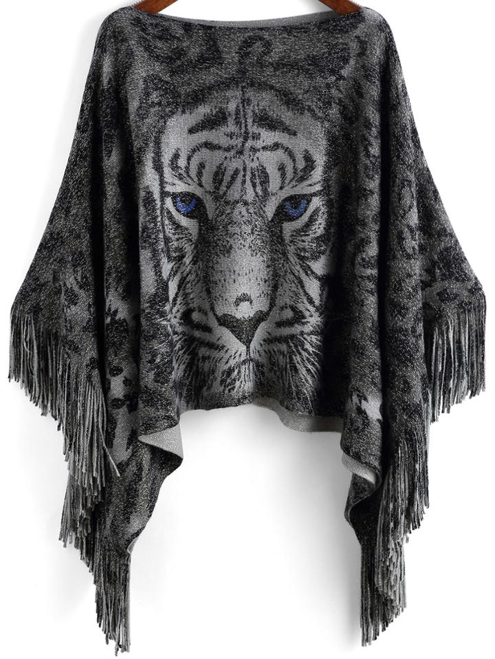 Shein Grey Tiger Print Tassel Knitwear