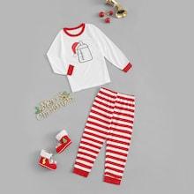 Shein Christmas Kids Hat Print Striped Pajama Set