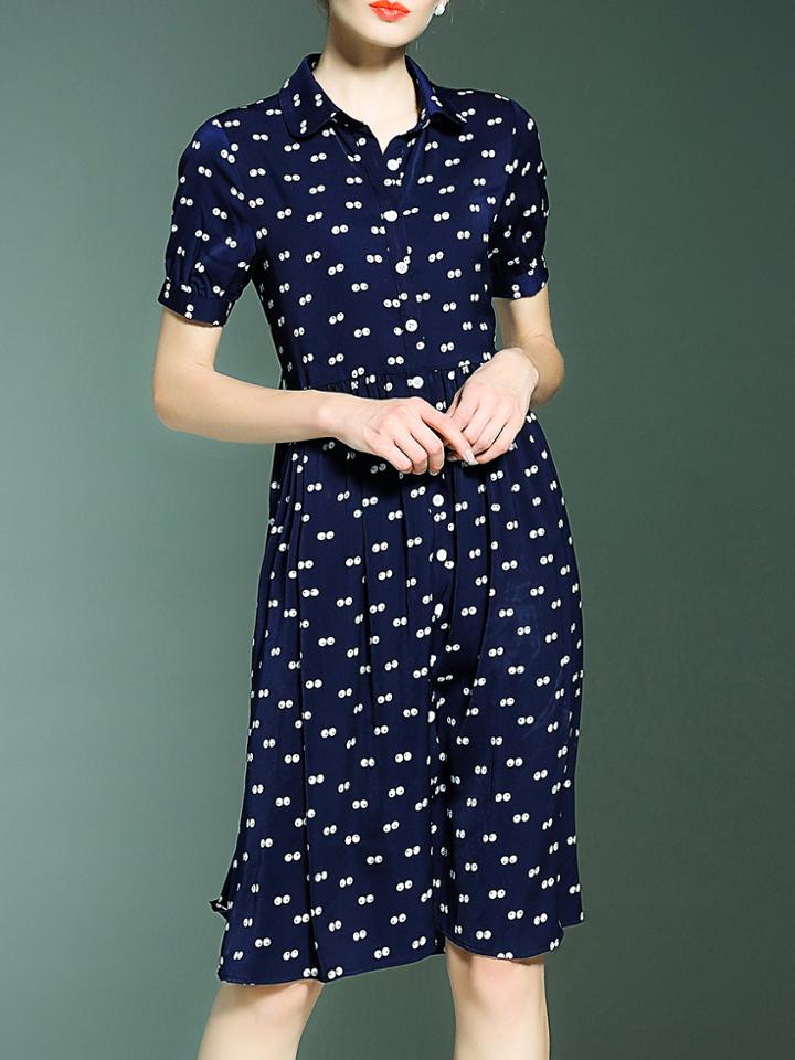 Shein Navy Lapel Eye Print Belted A-line Dress