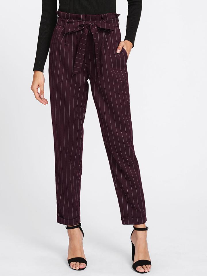 Shein Tie Waist Cuffed Pinstripe Peg Pants