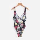 Shein Random Florals Tie Front U Back Bodysuit