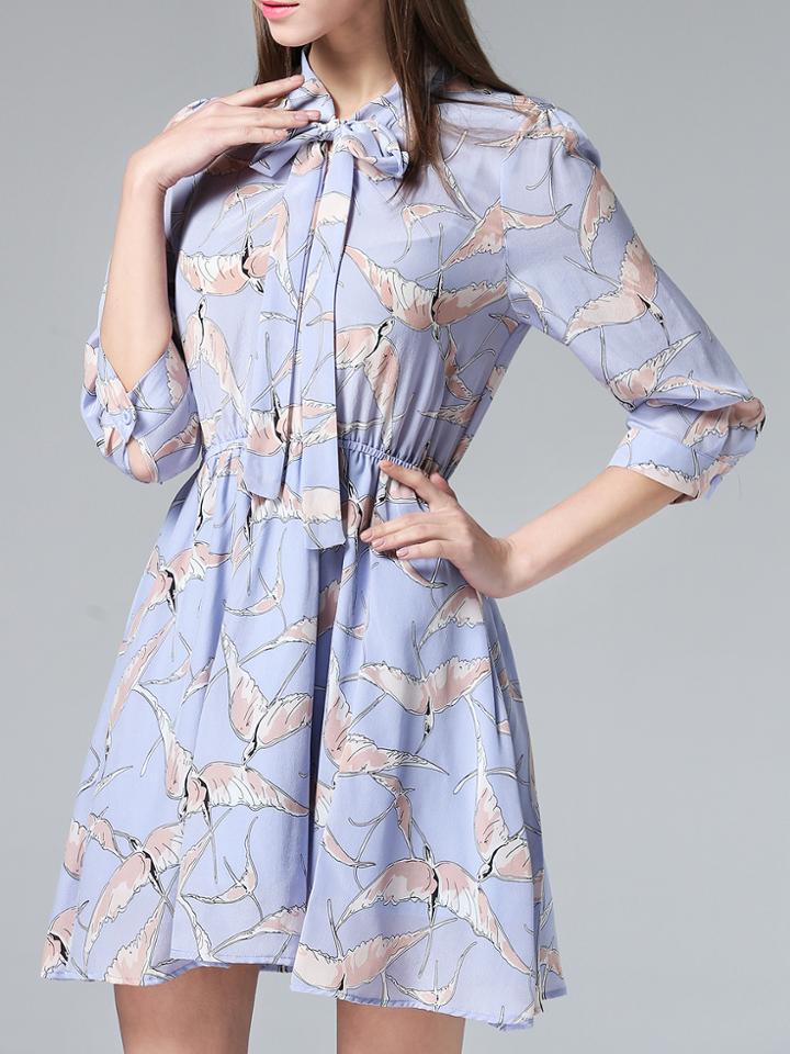 Shein Purple Tie Neck Print A-line Dress