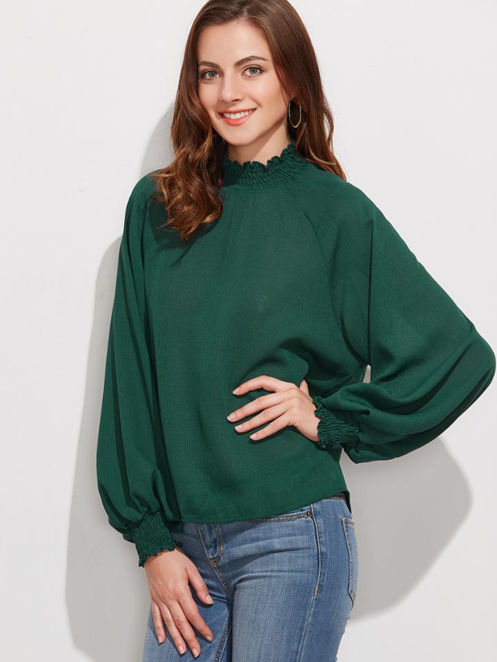 Shein Dark Green Lantern Sleeve Smocked Detail Blouse