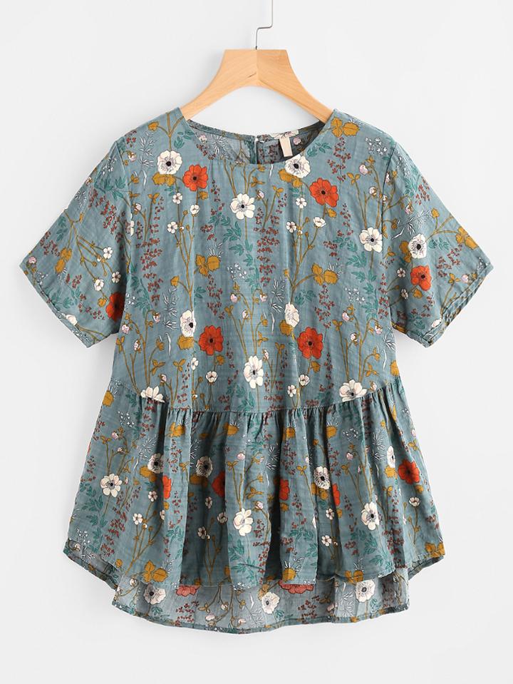 Shein Botanical Print Keyhole Back Dip Hem Smock Blouse