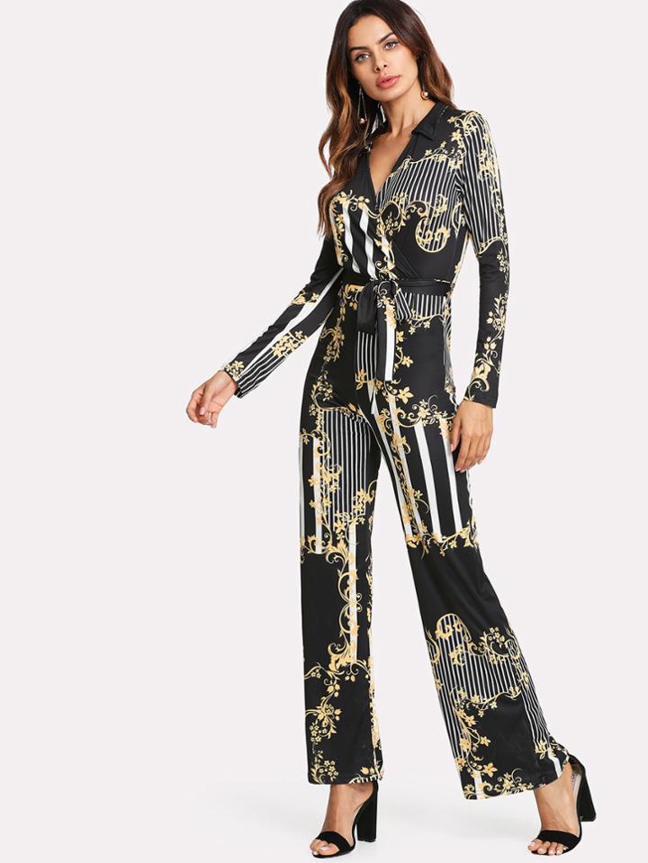 Shein Mixed Print Belted Wrap Jumpsuit