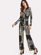 Shein Mixed Print Belted Wrap Jumpsuit