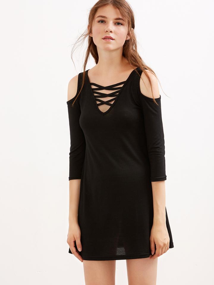 Shein Black Open Shoulder Lattice Front Dress