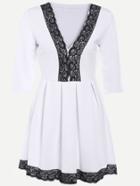 Shein White Contrast Lace V Neck Pleated Dress