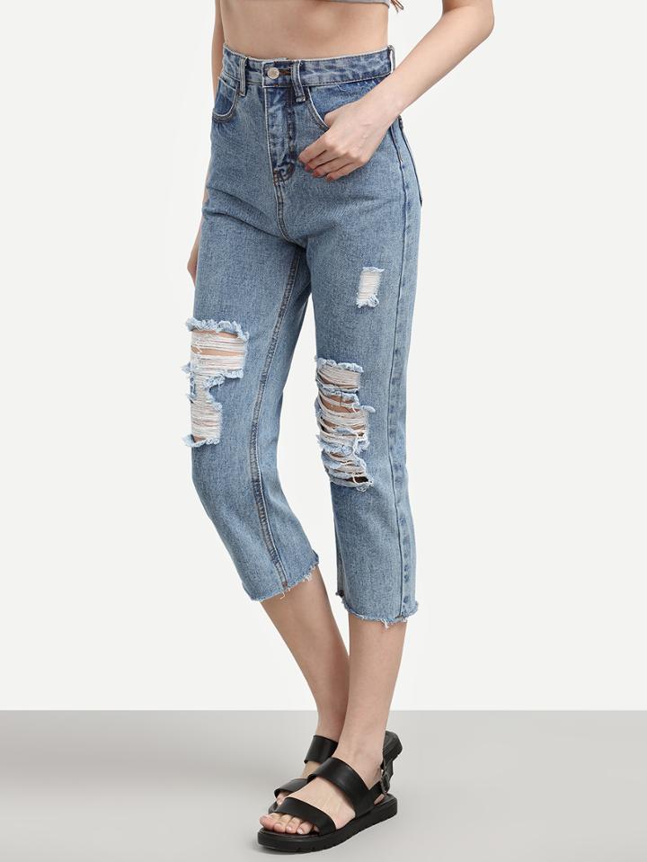 Shein Blue Ripped Raw Hem Jeans