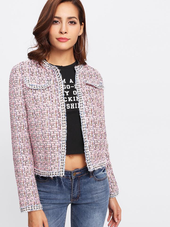 Shein Frayed Trim Open Front Tweed Blazer