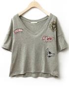 Shein V Neck Dip Hem Embroidered Grey T-shirt