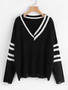 Shein Rips Detail Varsity Striped Jumper
