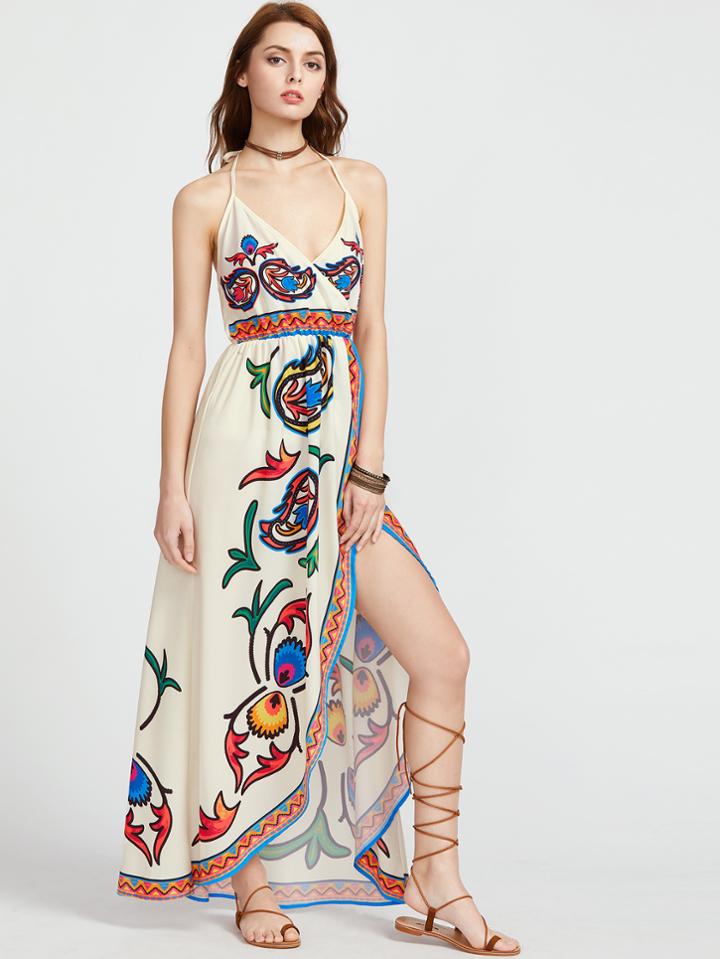Shein Apricot Printed Deep V Neck Wrap Dress