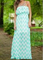 Rosewe Strapless Mint Green Printed Maxi Dress