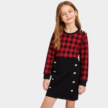 Shein Girls Grid Pullover & Double Button Skirt Set