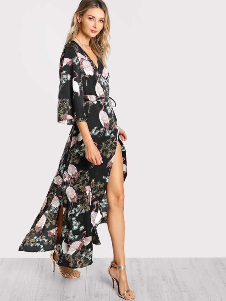 Shein Crane Bird Print Surplice Wrap Hijab Long Dress